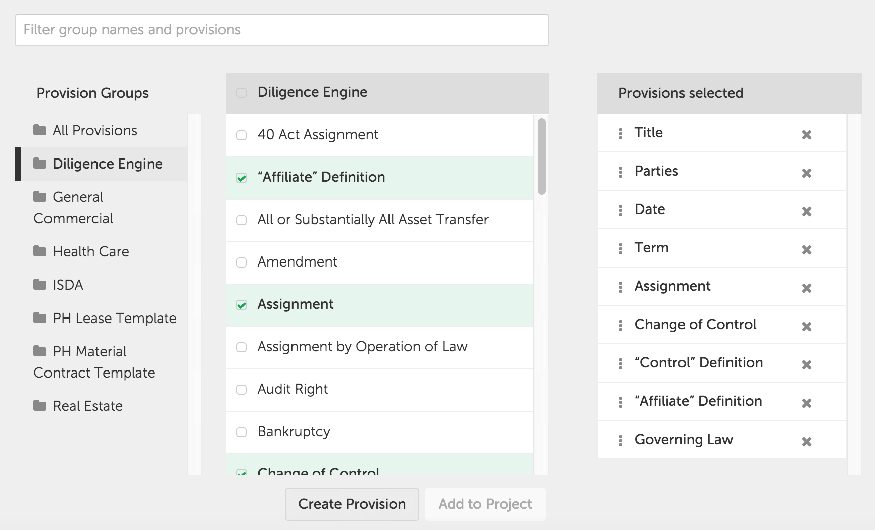 Select contract provisions for analysis in Kira.